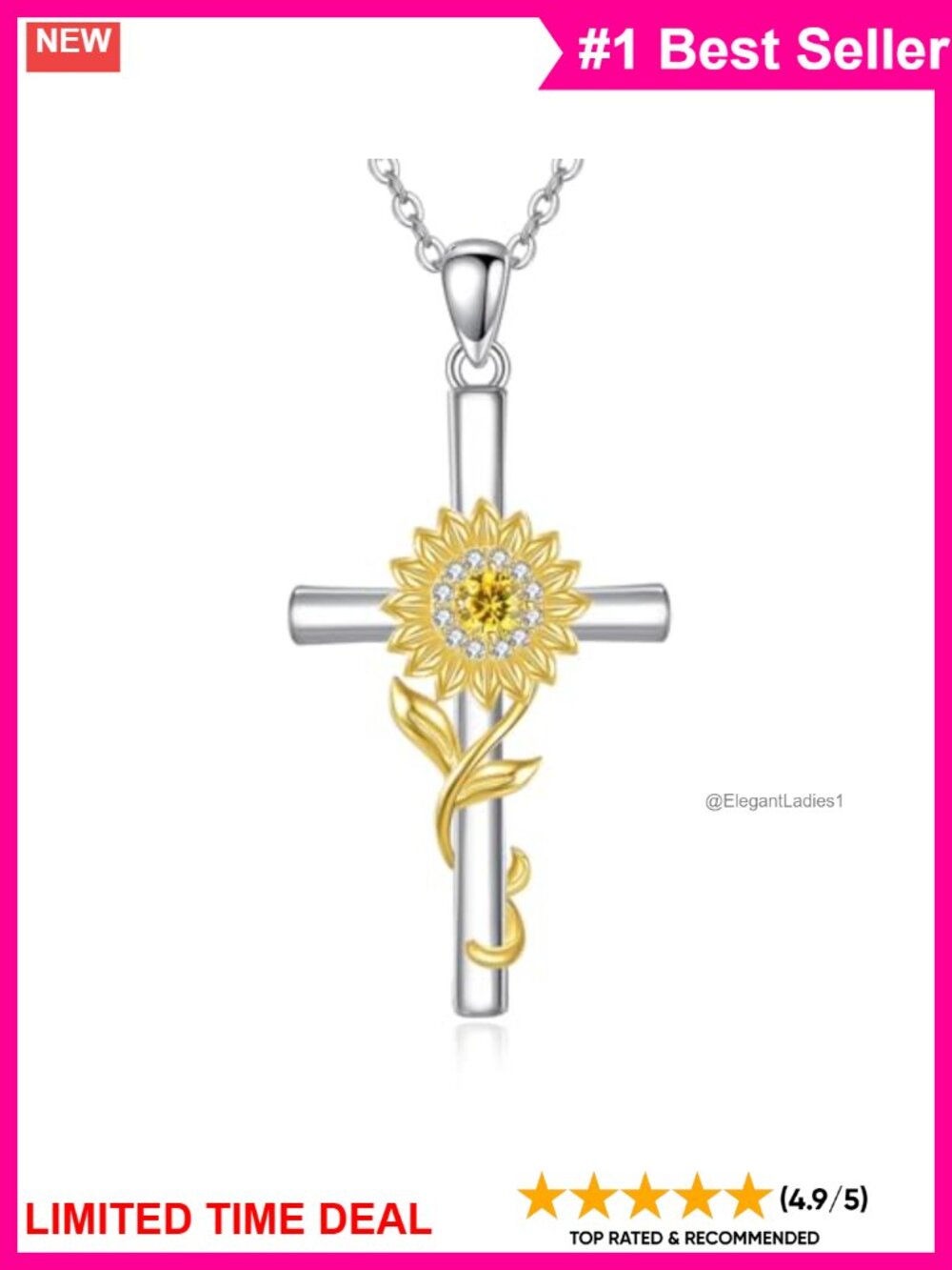 Sterling Silver Cross Sunflower Pendant Necklace 18+2 Inch